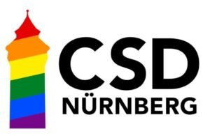 Logo des CSD Nürnberg in weiß-schwarz mit Nürnberger Wahrzeichen in Regenbogenfarben