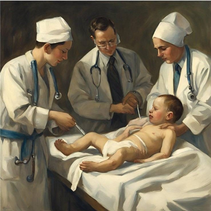 Mehrere Ärzte stehen um ein Baby herum, das auf einem Operationstisch liegt.