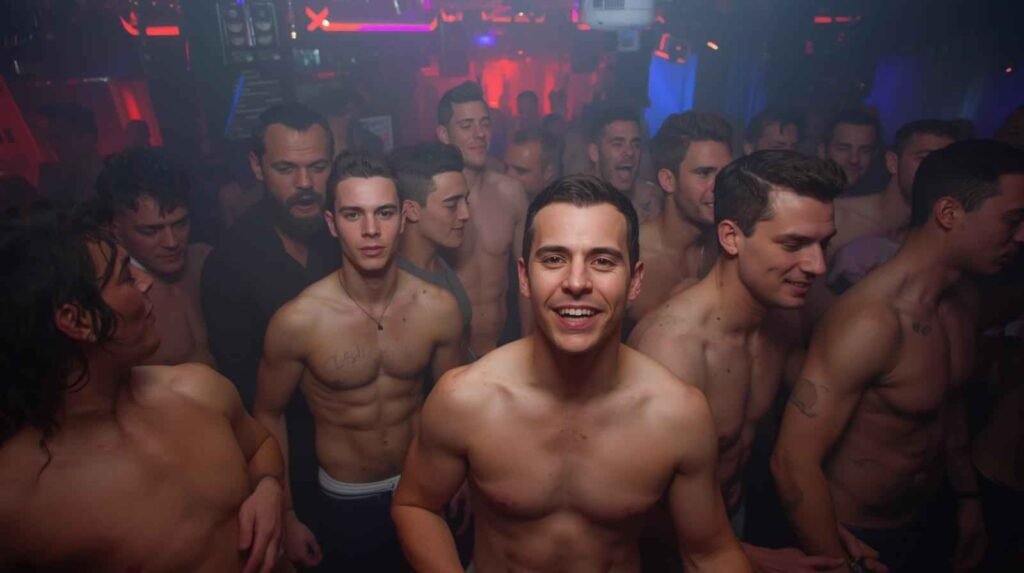 Bild von Gay Club mit mehreren Männern, die oberkörperfrei in die Kamera schauen