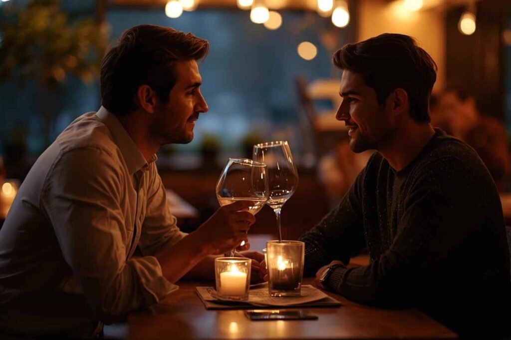zwei Männer auf einem Date im Restaurant, die sich gegenüber sitzen und anlächeln