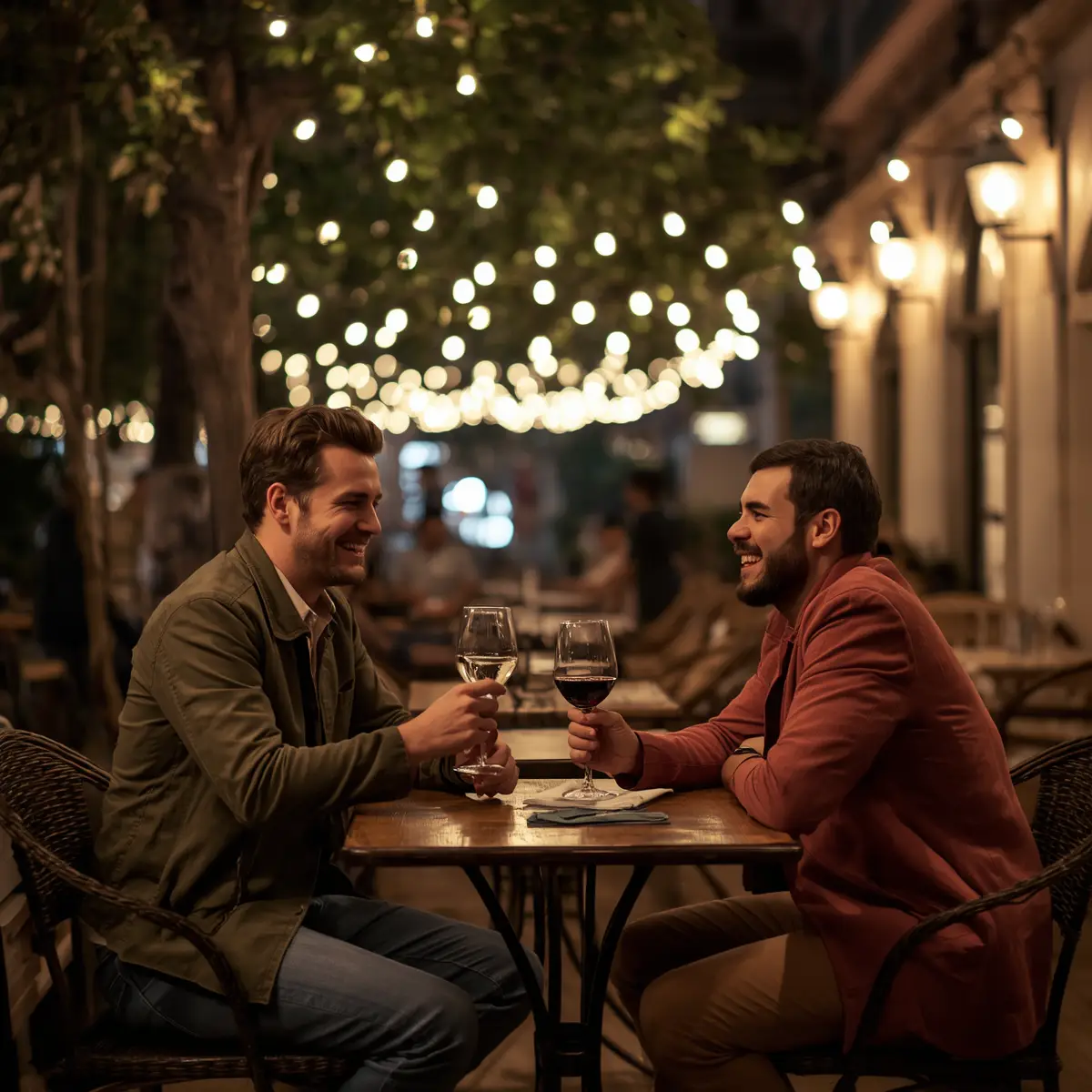 Zwei Männer im Gespräch an einem Tisch am Abend