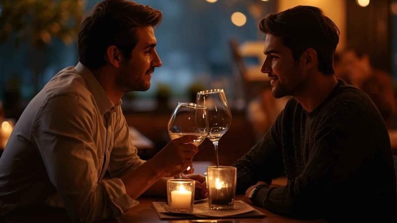 zwei Männer auf einem Date im Restaurant, die sich gegenüber sitzen und anlächeln